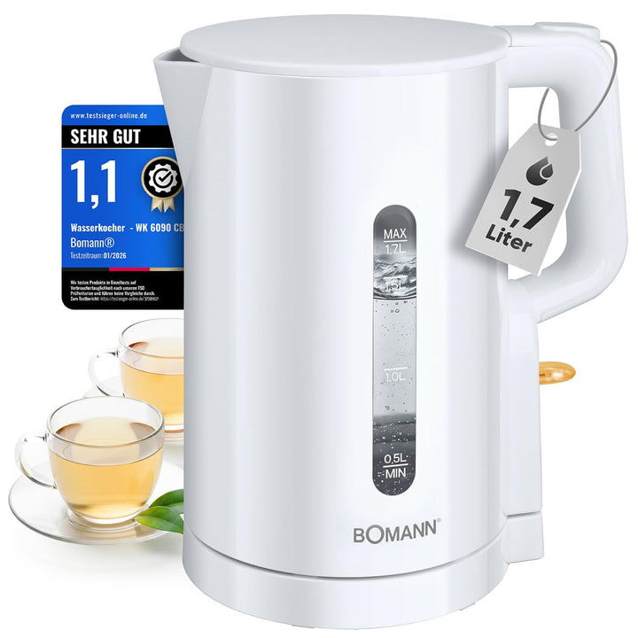 Bomann Wasserkocher 1,7L | 2200W für schnelles Erhitzen | BPA frei | Einhandbedienung | Wasserstands