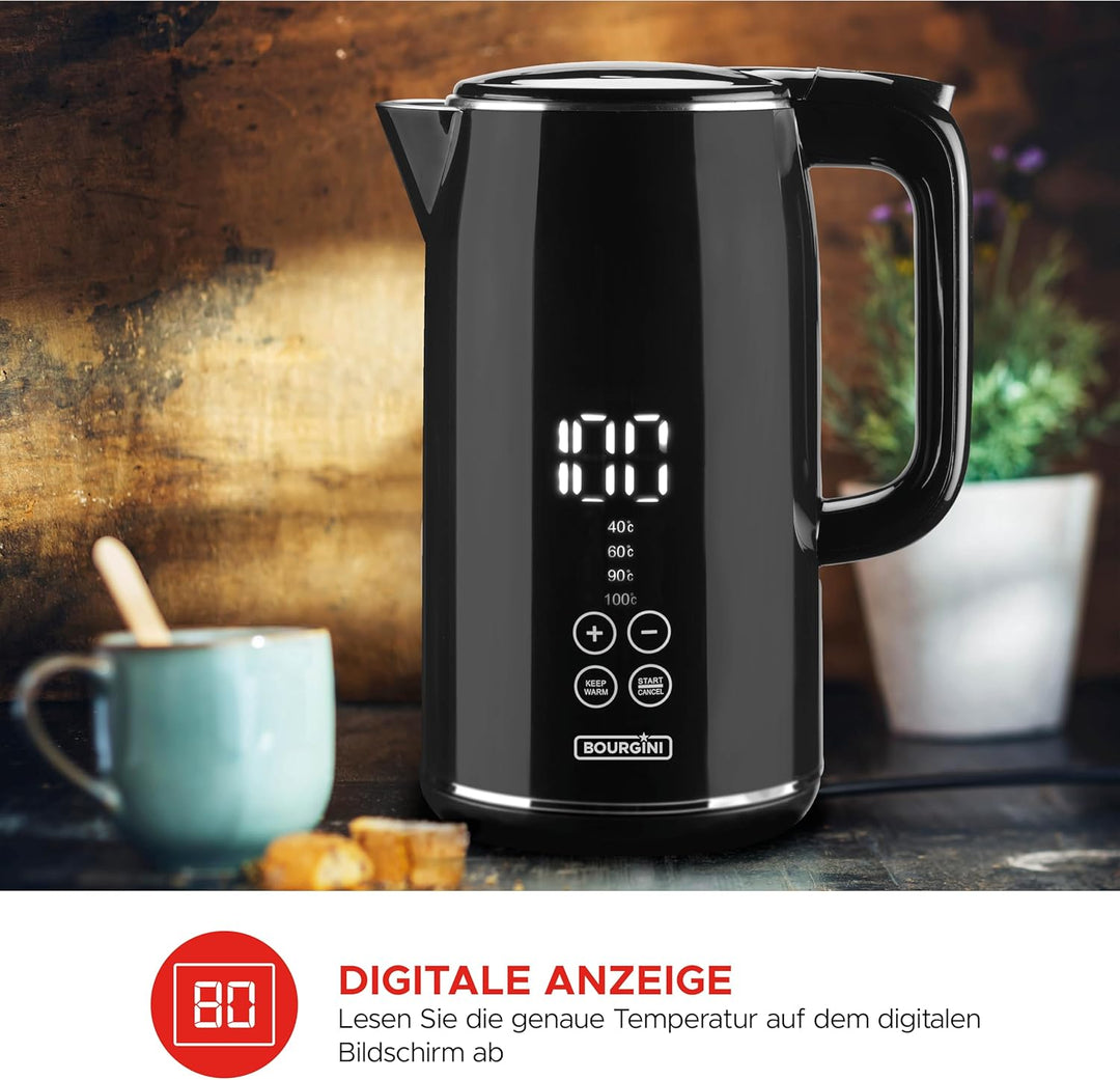 Bourgini Cool Touch - Digitaler wasserkocher Schwarz - wasserkocher mit temperatureinstellung - 1,7