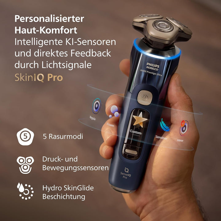 Philips Rasierer i9000 Prestige Ultra, Nass- und Trockenrasierer, adriatic, Druck- und Bewegungssens
