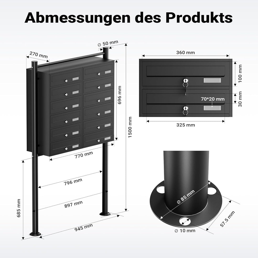 Wiltec 12er Briefkastenanlage schwarz 945 x 270 x 1500 mm, Standbriefkasten mit 2x6 Fächern, Schlüss