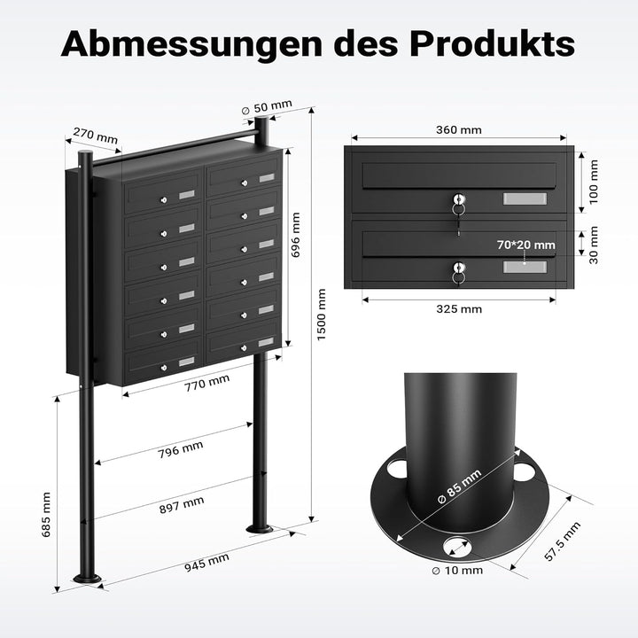 Wiltec 12er Briefkastenanlage schwarz 945 x 270 x 1500 mm, Standbriefkasten mit 2x6 Fächern, Schlüss