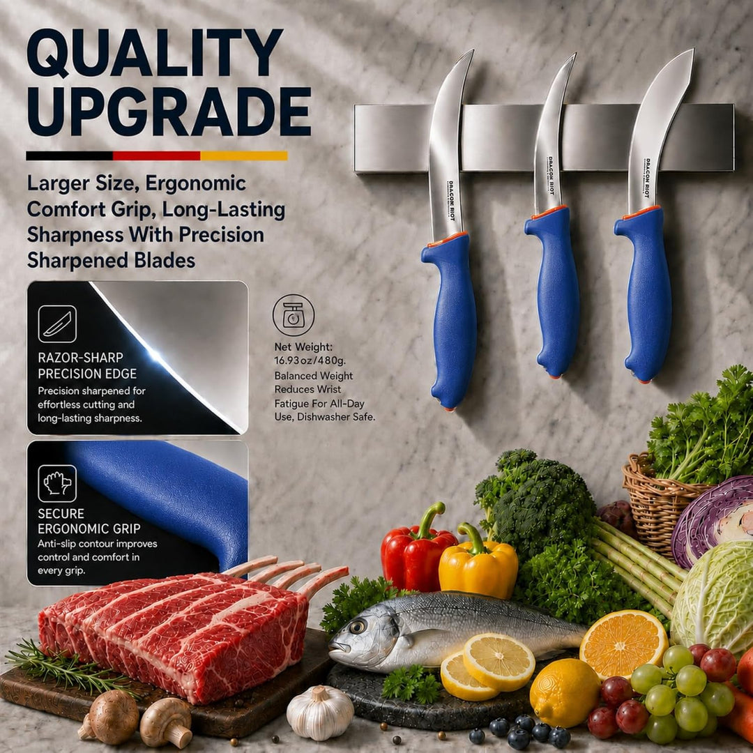 DRAGON RIOT Metzgermesser Set 3-Teilig, Flexibles Ausbeinmesser & Fleischermesser aus Edelstahl, Pro
