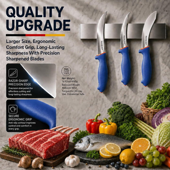 DRAGON RIOT Metzgermesser Set 3-Teilig, Flexibles Ausbeinmesser & Fleischermesser aus Edelstahl, Pro