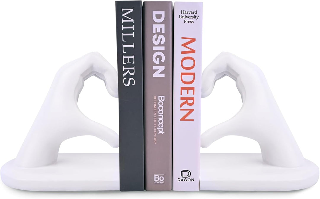 Weisse Buchstützen Set aus Resin - Herz & Hände Skulptur als Buchstütze, dekorative Bookends für Büc