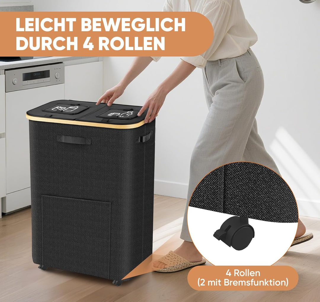 160L Leergut Sammelbehälter mit 2 Fächer, Pfandflaschen Sammelbehälter mit Rollen, Pfandbehälter mit