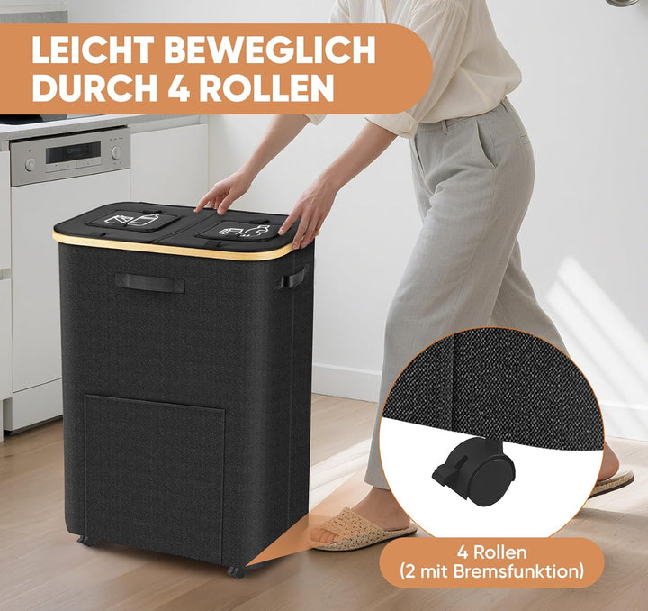 160L Leergut Sammelbehälter mit 2 Fächer, Pfandflaschen Sammelbehälter mit Rollen, Pfandbehälter mit