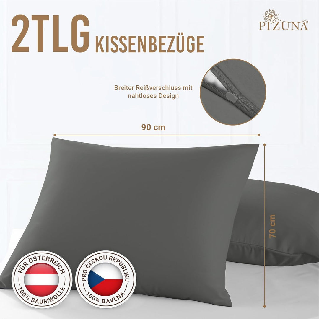 Pizuna Luxuriöser Soft-Satin 2er Pack Kissenbezug 70 x 90 cm Anthrazit Grau, 800 Fadenzahl Baumwolle