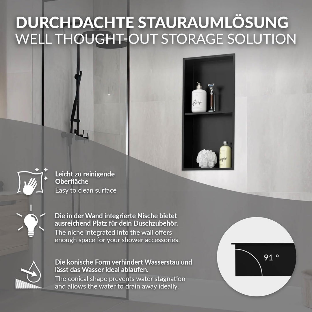 LuxeBath Wandnische Doppel aus Edelstahl, 30x60x10cm, Schwarz, Duschnische mit Rahmen, Einbauregal,