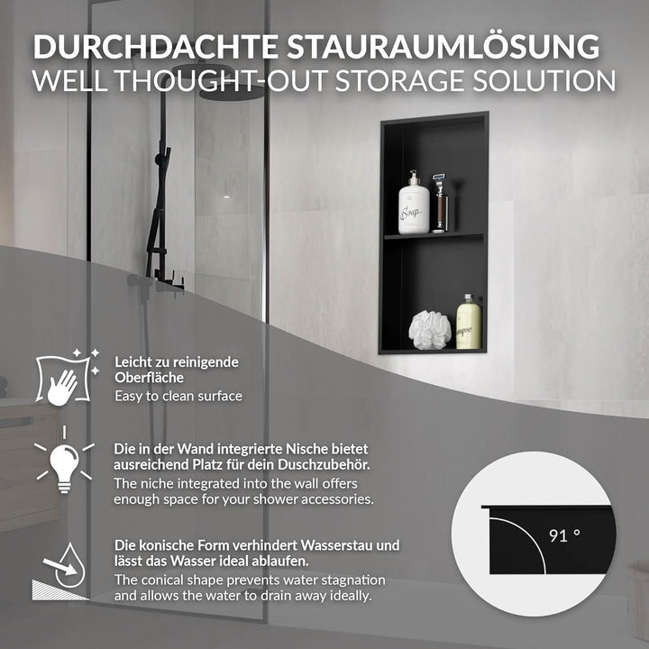 LuxeBath Wandnische Doppel aus Edelstahl, 30x60x10cm, Schwarz, Duschnische mit Rahmen, Einbauregal,