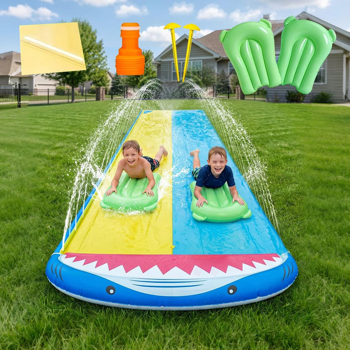 Wasserrutsche Garten Für Kinder, 480x140 cm Doppelrutsche Mit Eingebautem Sprinkler, Double Water Sl