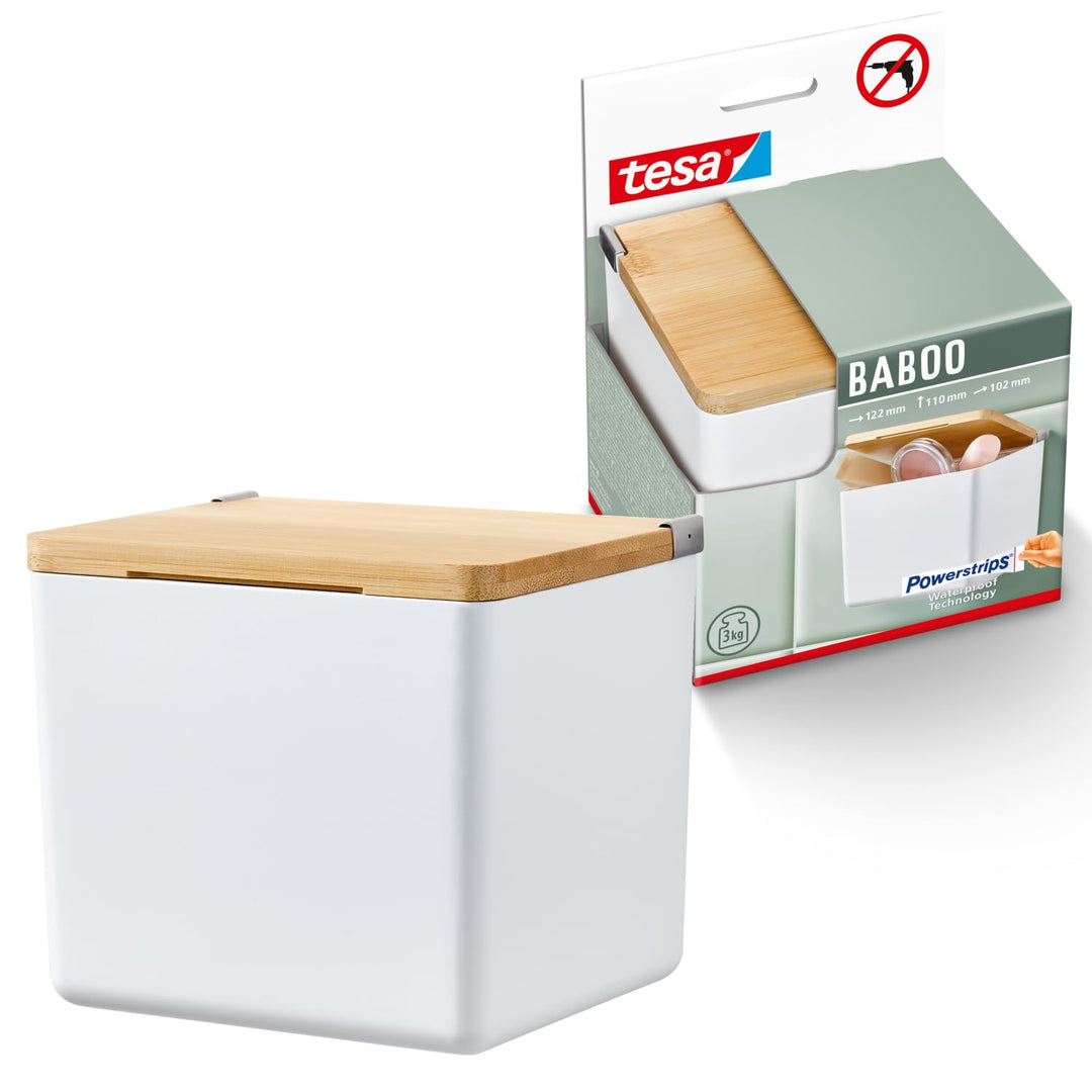 tesa Baboo Badorganizer S mit Bambus-Deckel, matt-weiss - Bad-Aufbewahrungsbox zur Wandmontage ohne