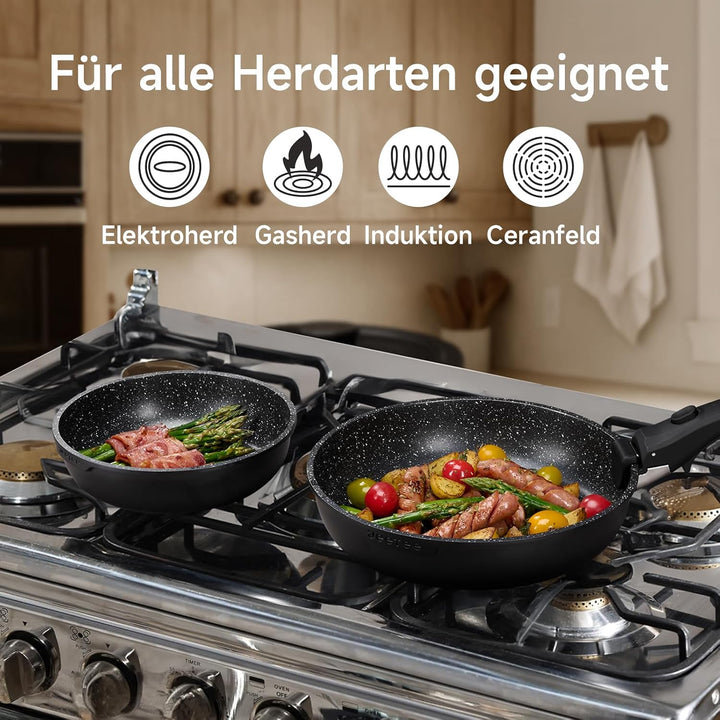 JEETEE Topf und Pfannensets mit abnehmbarem Griff 17-Teilig, Antihaft Pfanneset, Topfset Induktion,