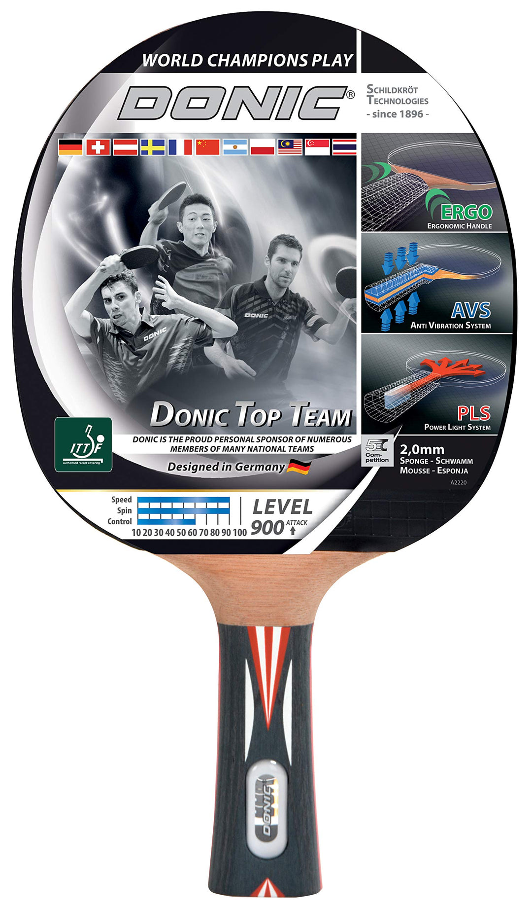 Donic-Schildkröt Tischtennisschläger Top Team 900, AVS & PLS-Griff, 2,0 mm Schwamm, Alpha Slick - IT