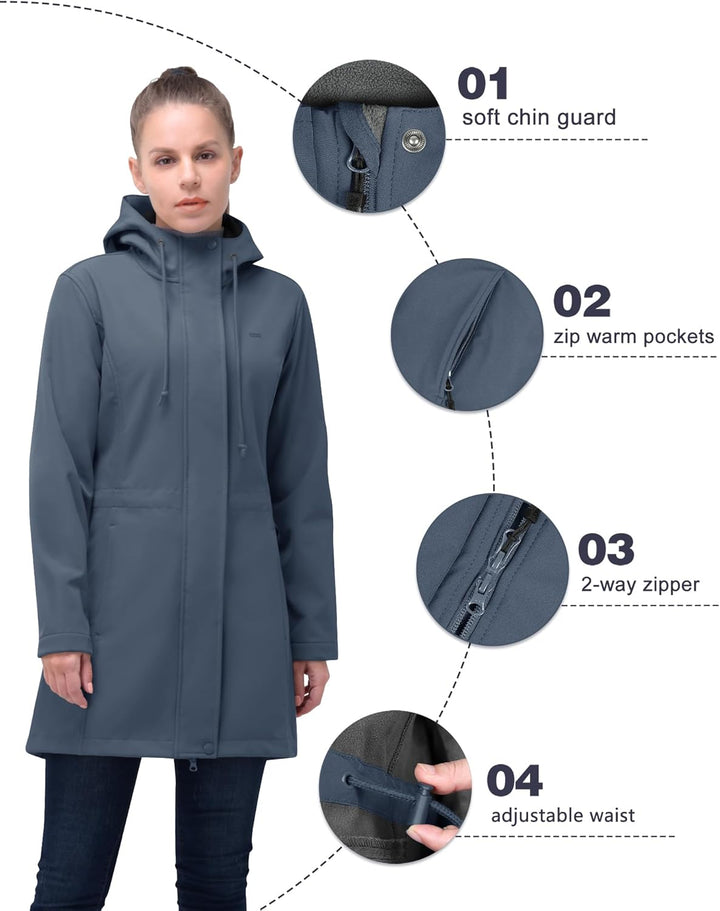 33,000ft Damen Leichte Wasserdichte Softshell Regenjacke Lange Funktionsjacke Übergangsjacke Windjac