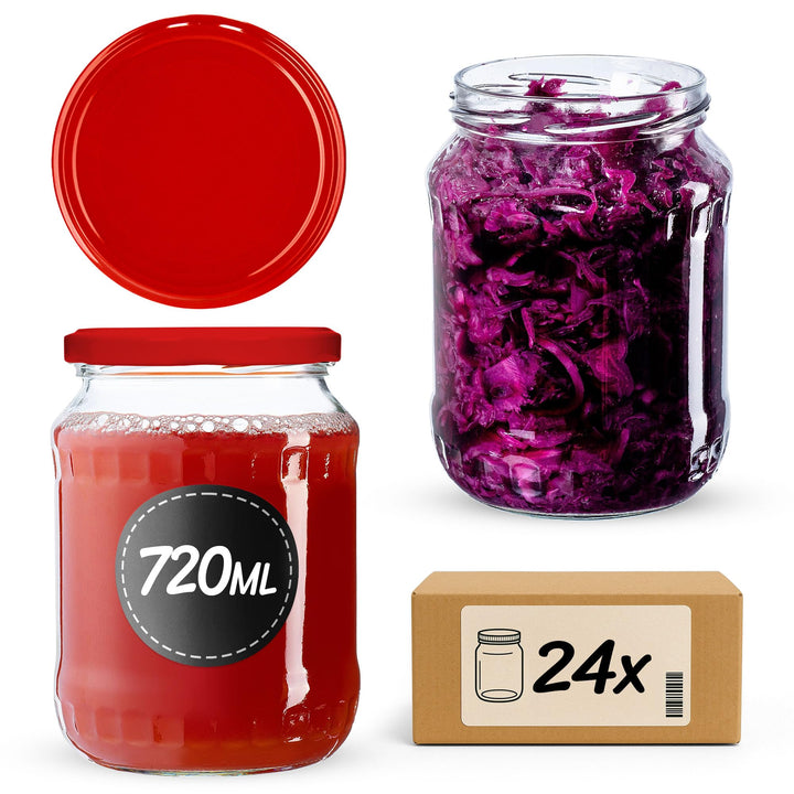 KADAX 24er Set Einmachgläser 720ml TO82 Rot, Grosse Sturzgläser mit Schraubdeckel, Einkochgläser Fer