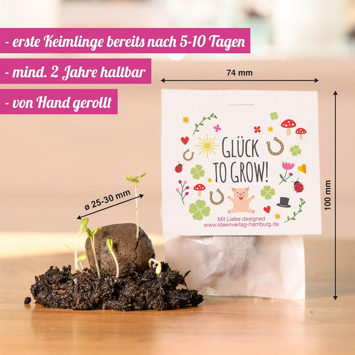 10x "Glück to grow" Samenbomben/Glücksbringer/kleine Geschenke Kollegen Saatbomben Geschenk Gäste Ge