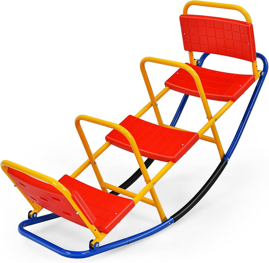 DREAMADE 3 Sitzer Kinder Wippe mit Rückenlehnen und Griffe, Schaukelwippe Metall 136x60x39cm, Karuss