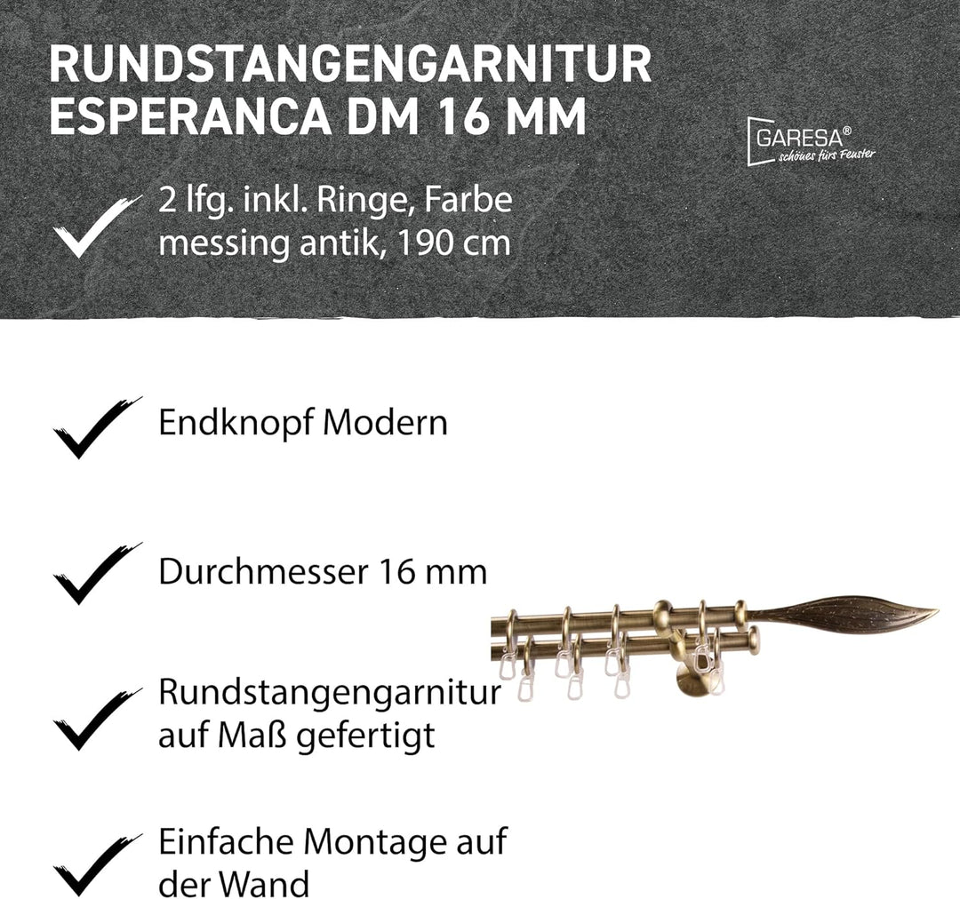 Garesa Gardinenstange Esperanca Ø 16mm, 2-läufig, Messing, antik I Rustikale Vorhangstange inkl. Rin