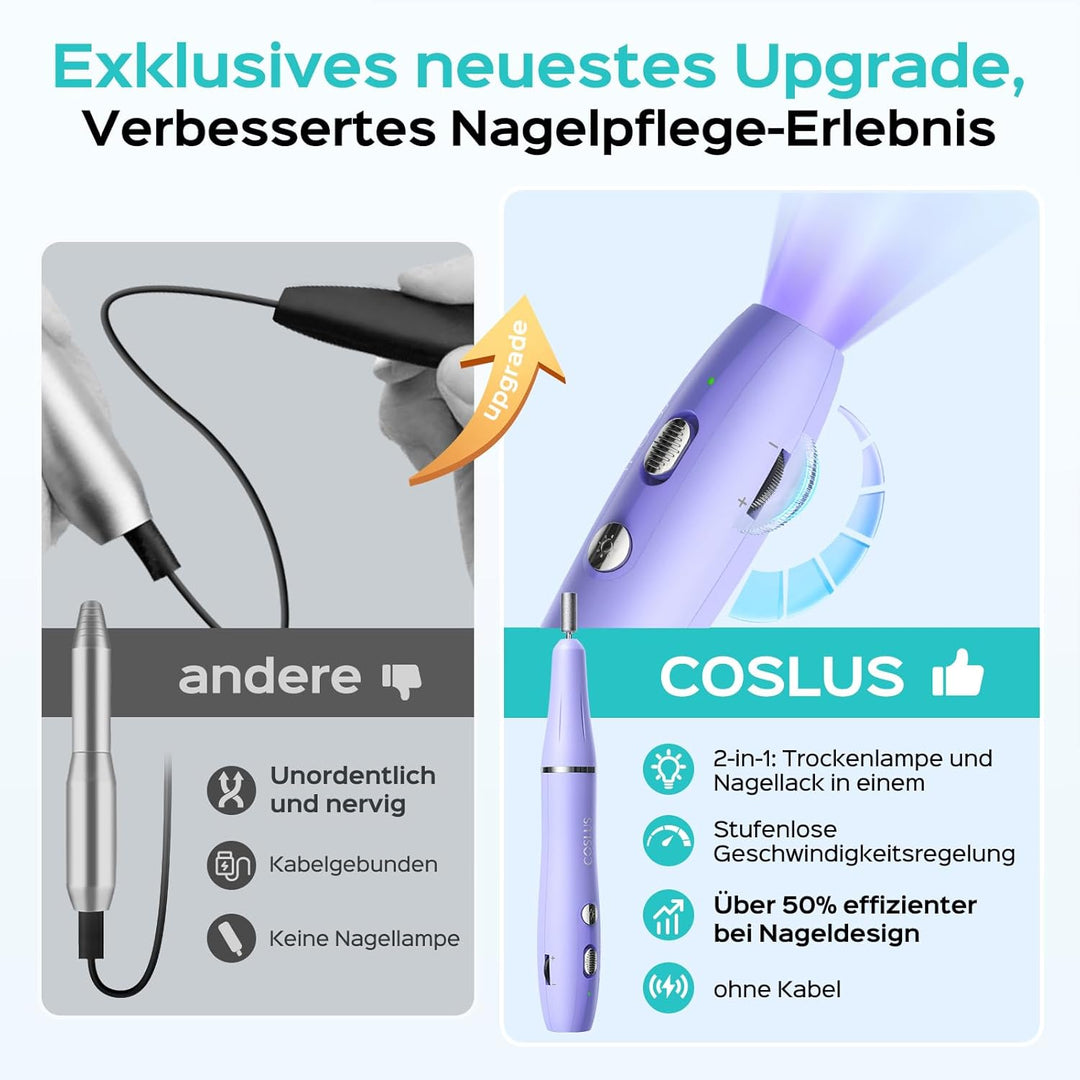 COSLUS Professionell Nagelfräser Kabellos Tragbar: Elektrische Nagelfeile Stufenlos mit Licht für Ge