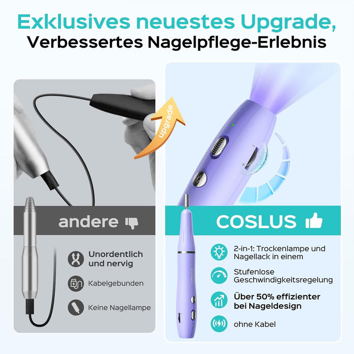 COSLUS Professionell Nagelfräser Kabellos Tragbar: Elektrische Nagelfeile Stufenlos mit Licht für Ge