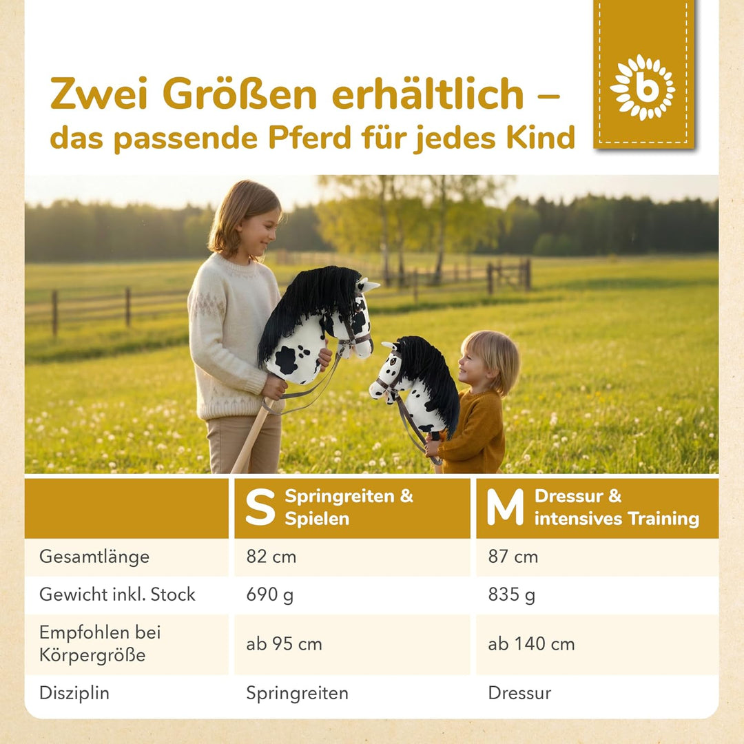 Bieco Hobby Horse Steckenpferd Schecke - Grösse S, mit Trense | Abnehmbarer Stock &amp; Schweif, für Spr