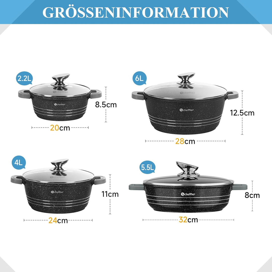 Topfset Scheffler 20cm,2.2L&24cm,4L&28cm,6L&32cm,5.5L, Kochtopf Set Induktions Töpfe Set mit Glasdec