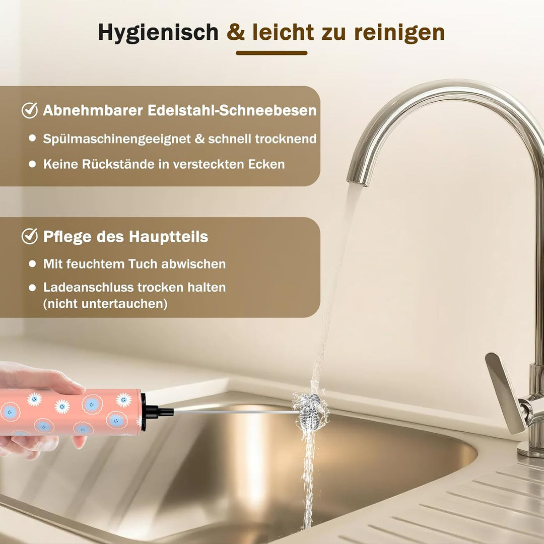 Milchschäumer Elektrisch USB-C mit 5 Wechselbaren Edelstahl-Schneebesen–2 Einstellbare Geschwindigke
