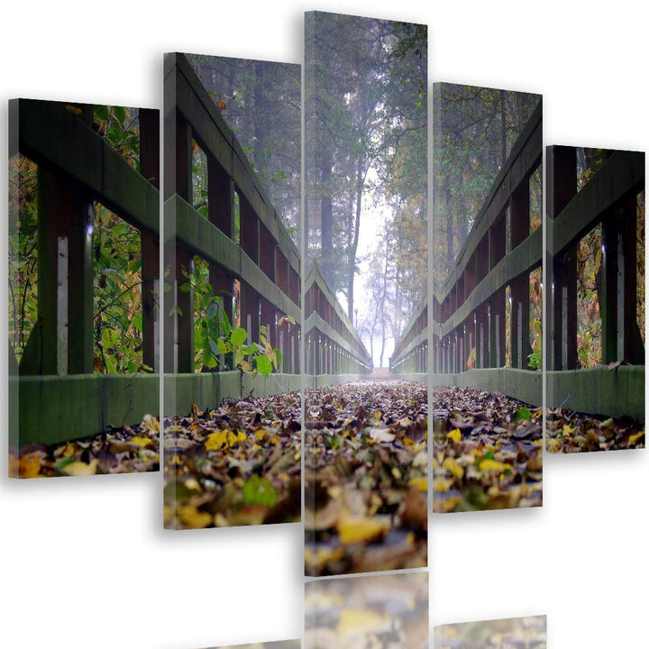 Leinwandbild Brücke 5 TLG Bild Kunstdruck Blätter Herbst Landschaft bunt 100x70 cm Leinwandbild 100x