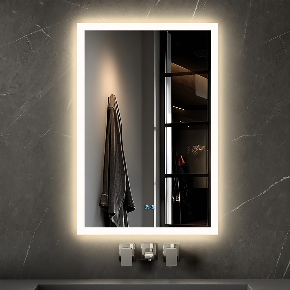 badezimmerspiegel mit Beleuchtung, Sandstrahl-Design led Spiegel Bad, 3 Farbtemperaturen, Dimmbar, E