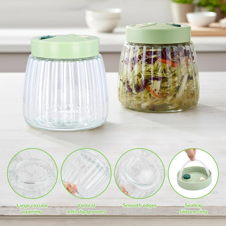 2 Stück Fermentierglas 1L mit Entlüftungsventil, 2 Glas Fermentiergewichte 7cm, Fermentier-Stampfer