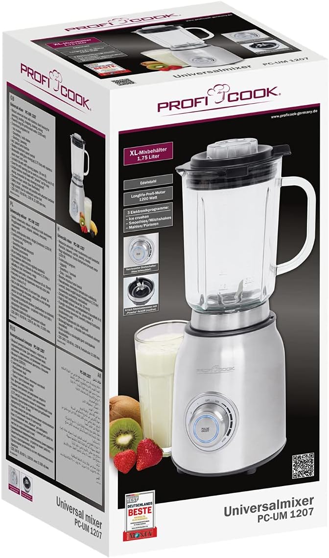 ProfiCook Universalmixer | 3 Stufen | 1,75 Liter Glasbehälter | 1200 Watt | 21.000 U/Min. max. | Ede