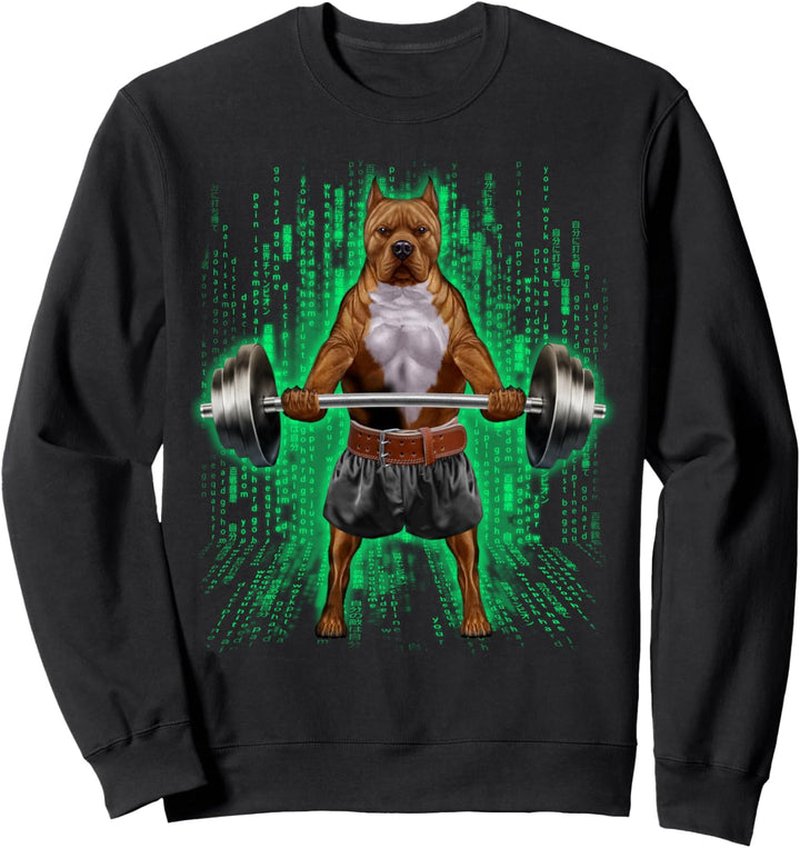 Pitbull-Hund, der Gewichte im Cyber-Fitnessstudio hebt Sweatshirt