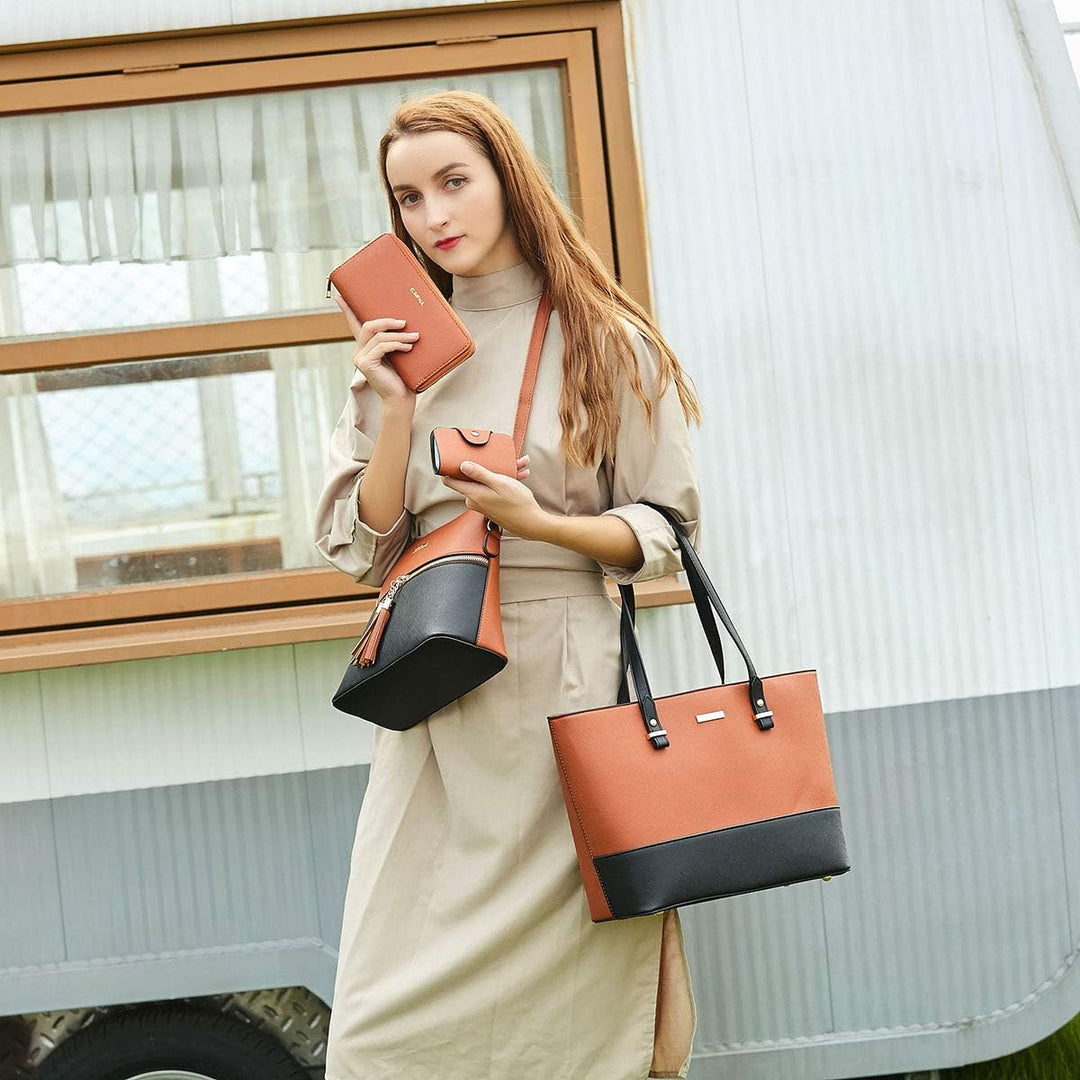 Frauen Mode Kunstleder Handtaschen Tote Tasche Schultertasche Top Griff Satchel Geldbörse Set 4pcs A