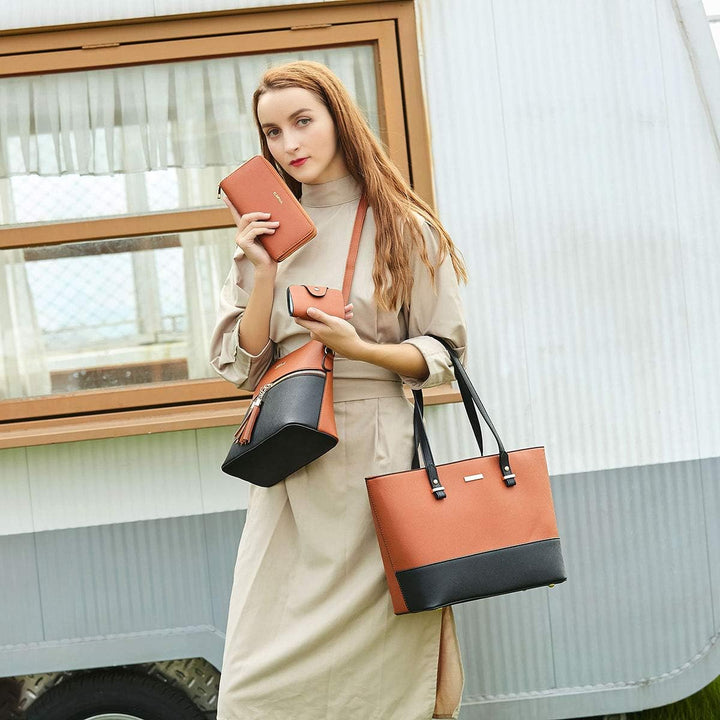 Frauen Mode Kunstleder Handtaschen Tote Tasche Schultertasche Top Griff Satchel Geldbörse Set 4pcs A