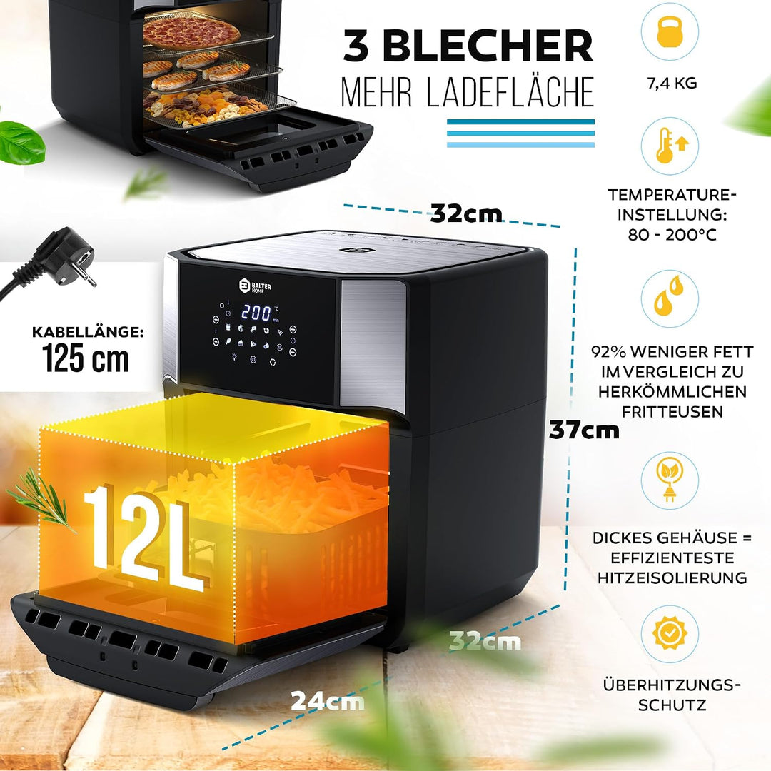 Balter Heissluftfritteuse HL-1200-BL, 12 Liter, Friteuse, LED Touchscreen, 10 Programme, Dörrautomat