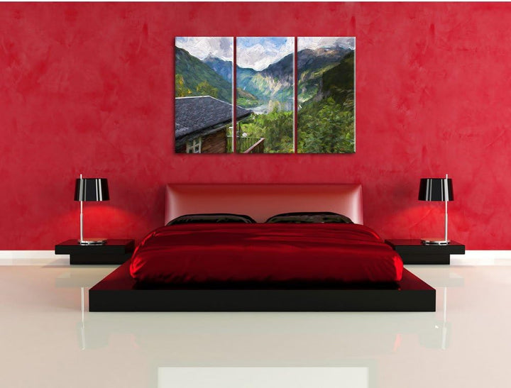 Pixxprint Hütte in Umgebung als Leinwandbild | Grösse: 3 Teilig (120x80) | Wandbild| Kunstdruck | fe