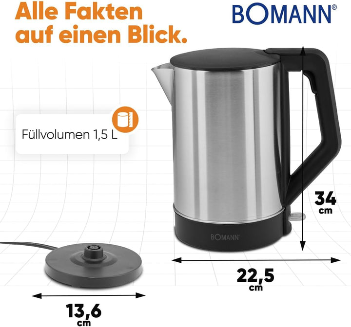 Bomann WKS 3002 CB Wasserkocher 1,5 L, verdecktes Edelstahlheizelement, automatische Abschaltung, Ba