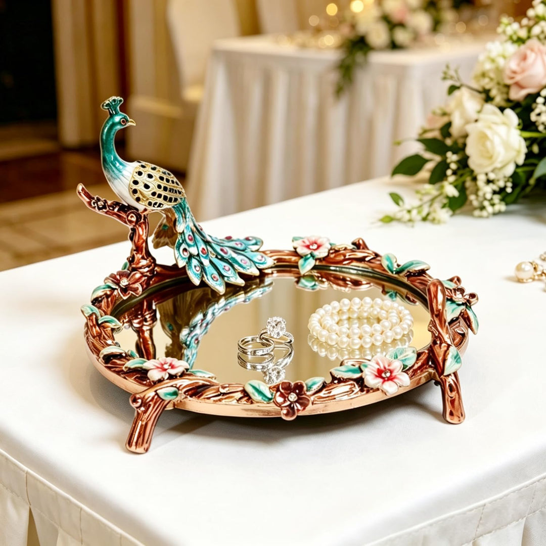 Decorative Peacock Vanity Mirror Tray, Enamelled Metal with Floral Design, Turquoise and Gold