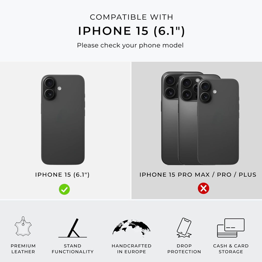 Snakehive Schutzhülle für iPhone 15 - Klapphülle Echte Lederhülle mit Standfunktion - Handmade in Eu
