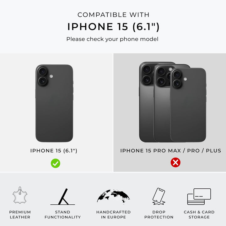 Snakehive Schutzhülle für iPhone 15 - Klapphülle Echte Lederhülle mit Standfunktion - Handmade in Eu