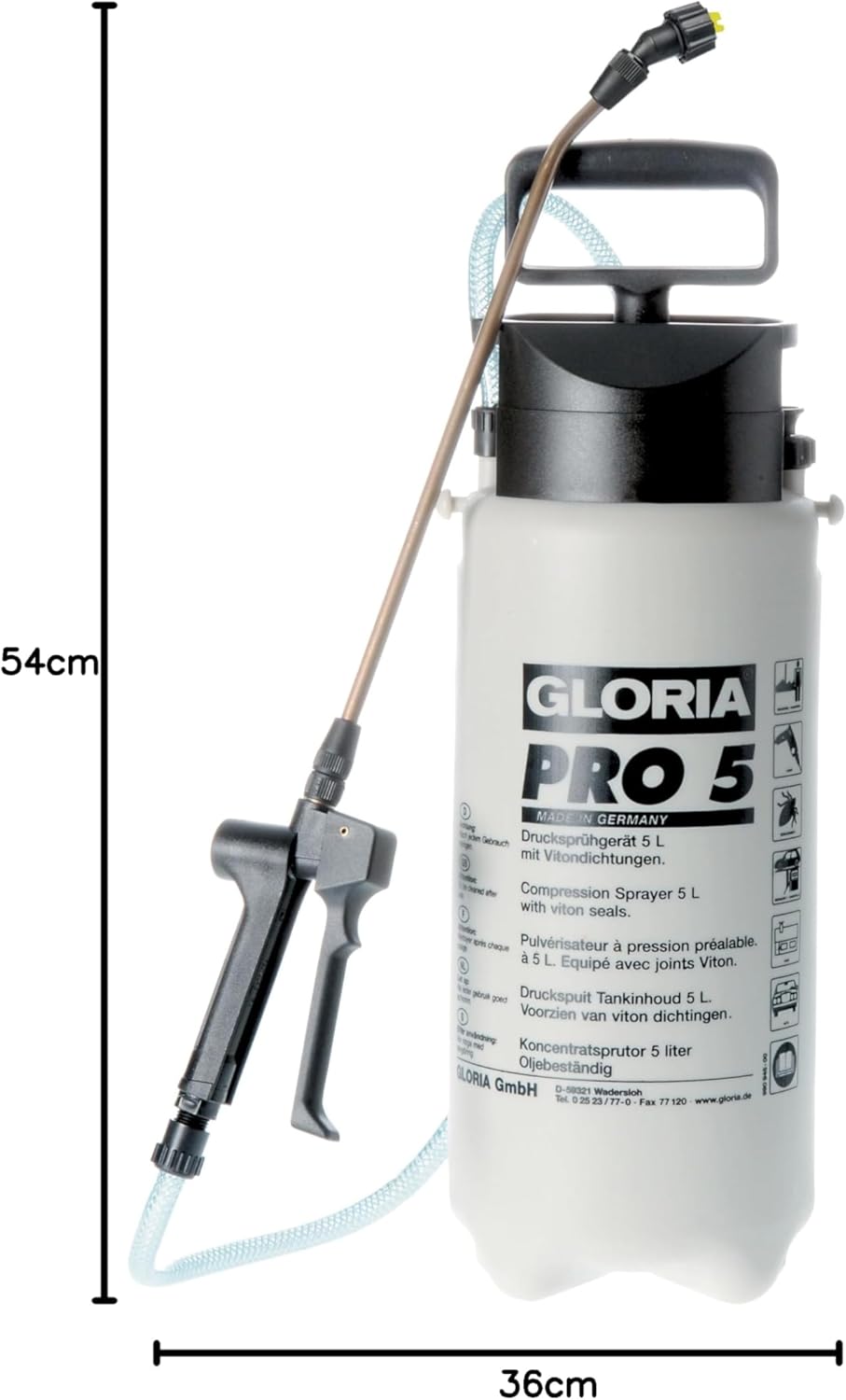 GLORIA Spezial-Drücksprüher Pro 5 | 5 L Industriesprüher | Flachstrahldüse | Robuste Dichtungen | Öl