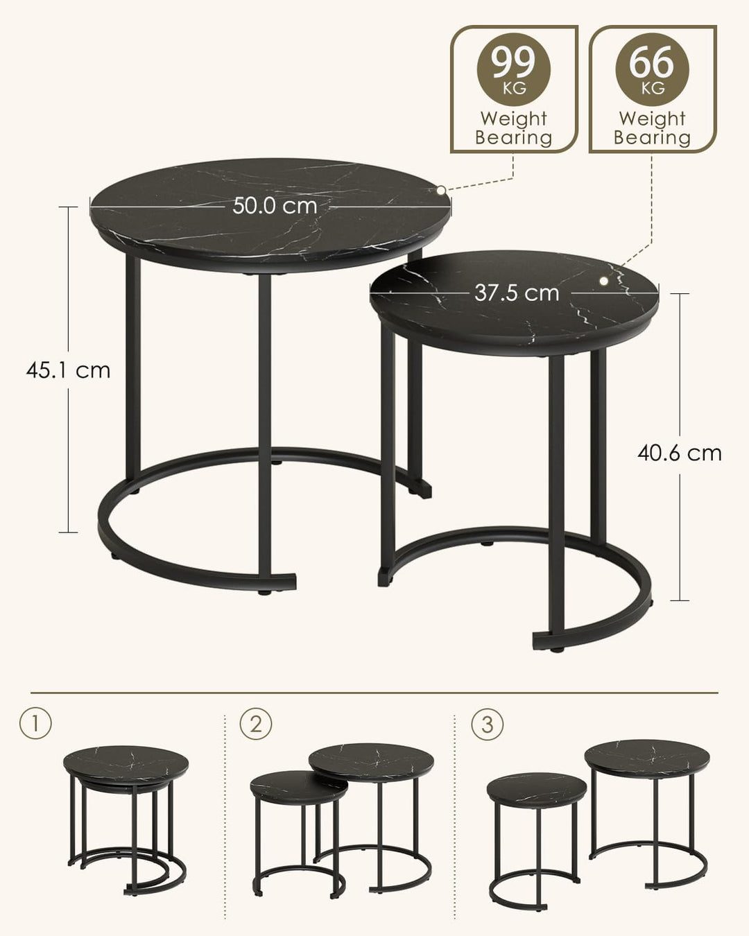 HEYZOEY Couchtisch Rund 2er Set, Wohnzimmertisch, Beistelltische Schwarz Metall, Kaffeetisch für Sof