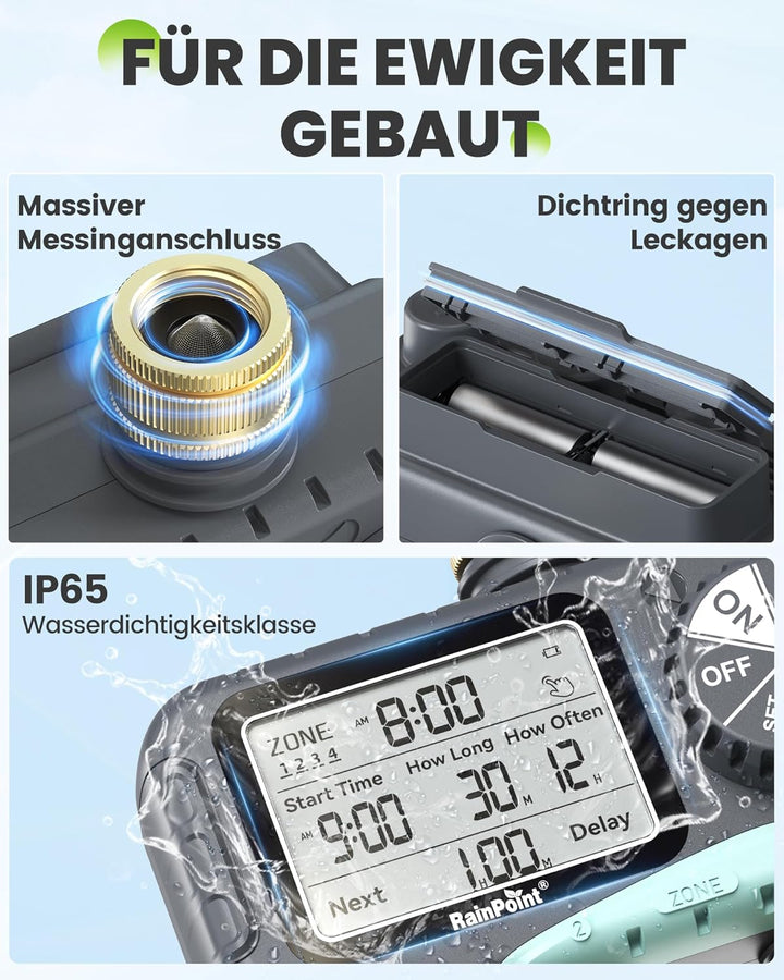 RAINPOINT Bewässerungscomputer 4 Ausgänge, Messingeinlass, IP65 Wasserdicht Wasserzeitschaltuhr mit