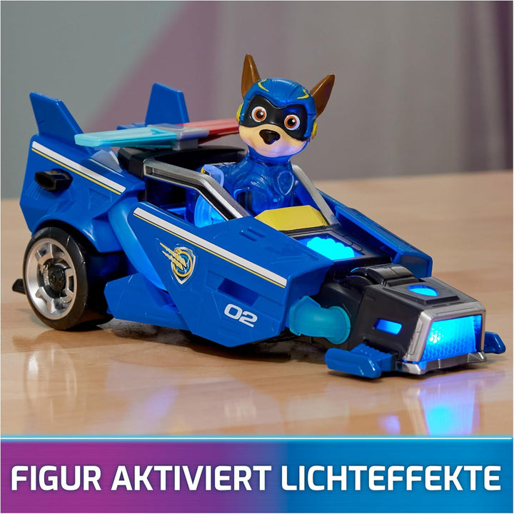 PAW PATROL: Der Mighty Kinofilm, Superhelden-Fahrzeug Spielzeugauto von Chase mit Welpenfigur, Poliz