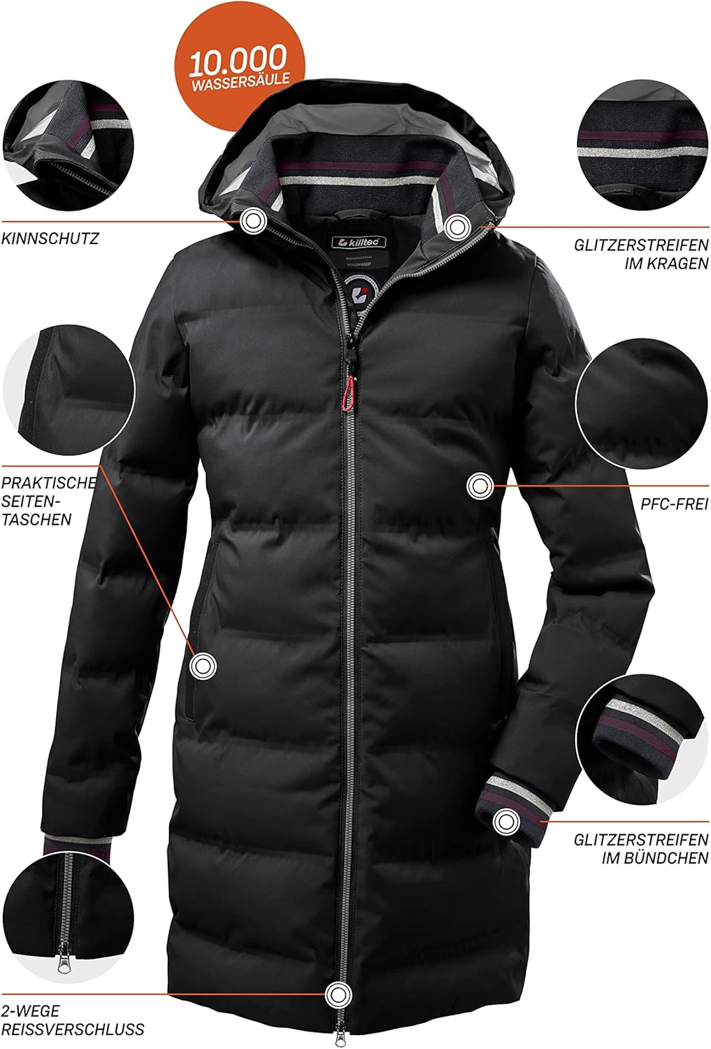 Killtec Mädchen Kow 196 Grls Qltd Ct Wintermantel/Parka in Daunenoptik mit Kapuze 128 Schwarz, 128 S