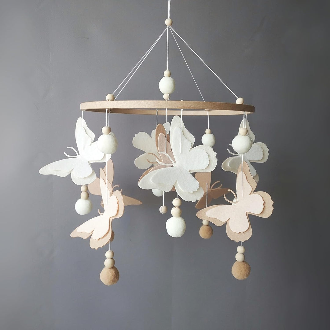 Schmetterlingen Baby Mobile mit Pompons – Neutrales Schmetterlings Mobile in Beige Braun – Handgemac