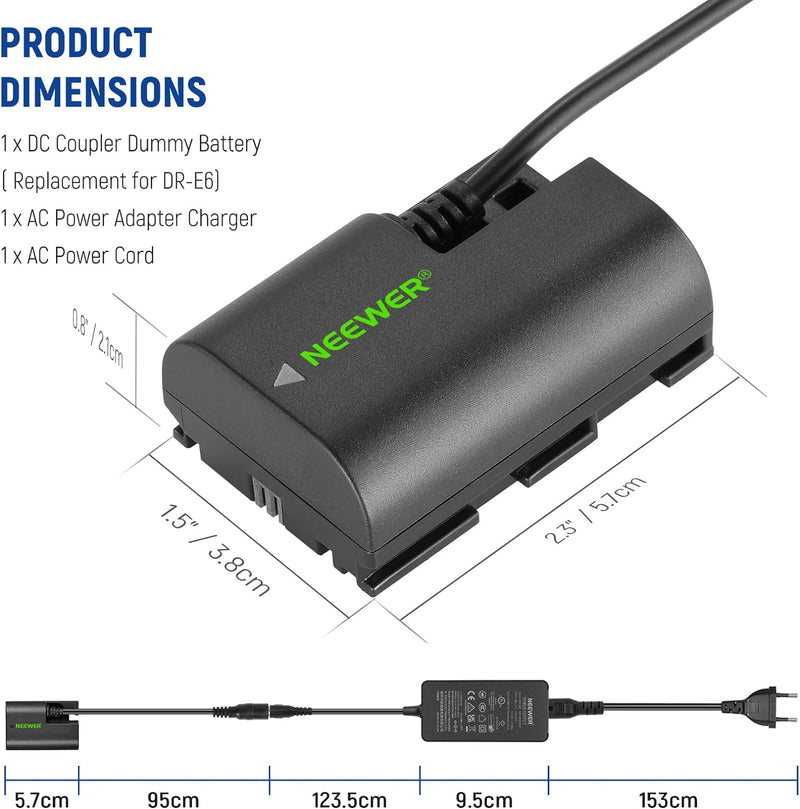 NEEWER Dummy Batterie Ersatz für LP-E6 LP-E6N LP-E6NH mit DC Koppler und AC Netzteil Kompatibel mit