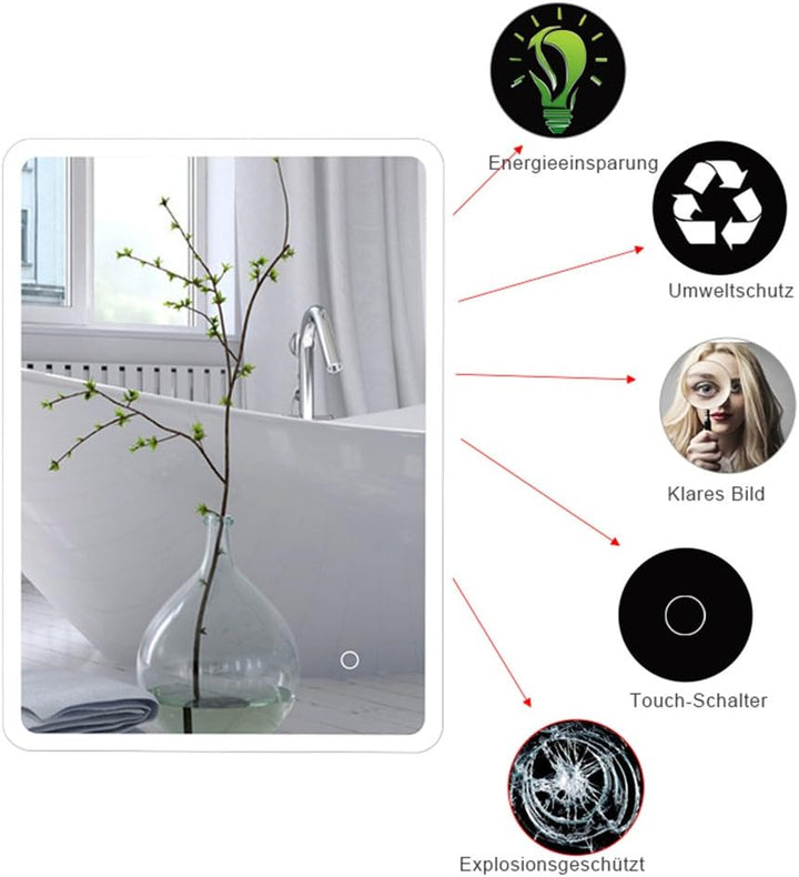 MUPAI Badspiegel LED Badezimmerspiegel Beleuchtet Bad Spiegel Wandspiegel Badezimmerspiegel mit Bele