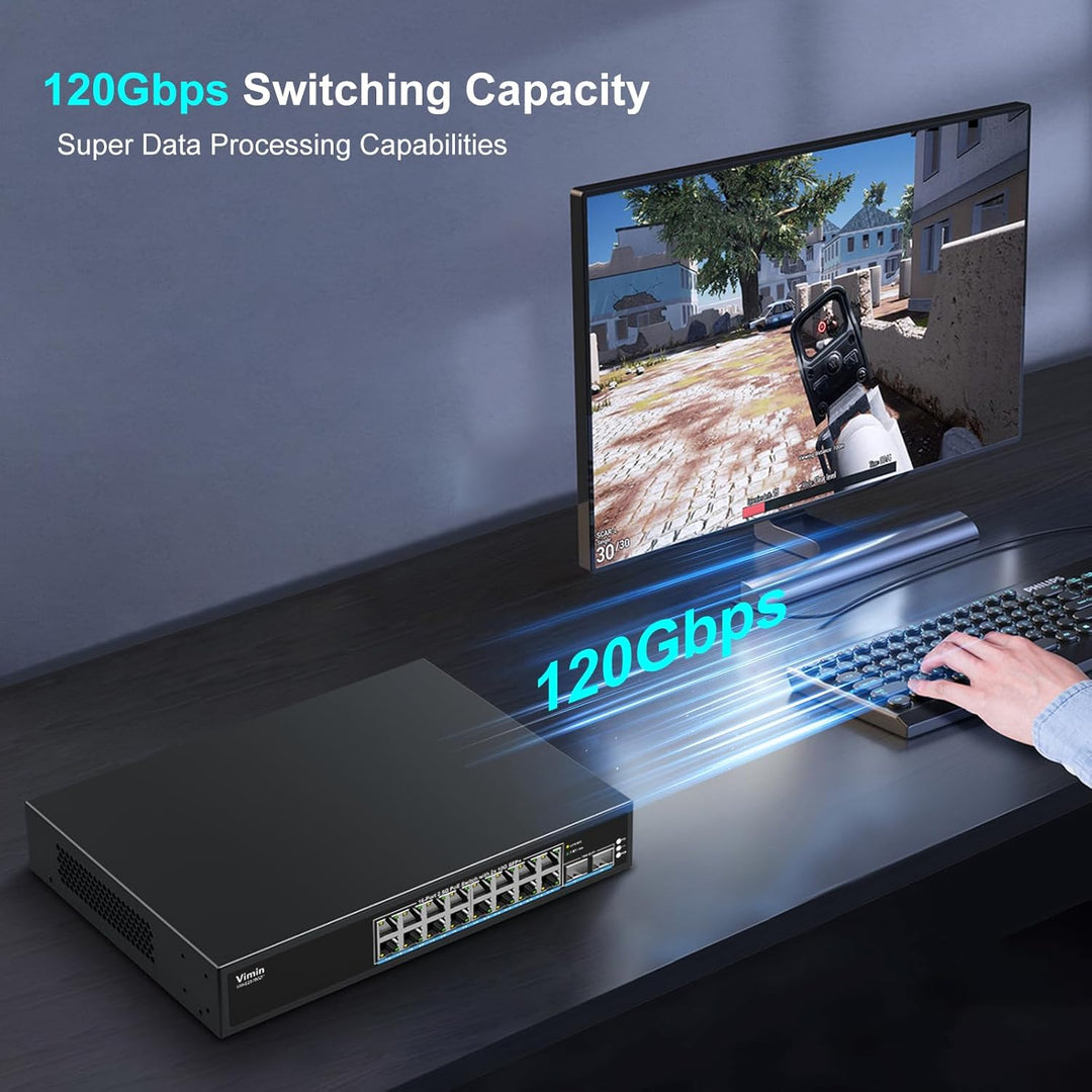 16 Port 2.5G PoE Switch Unmanaged mit 2X 10Gbps SFP, VIMIN 16x 2.5G Base-T PoE Ports, 10G SFP PoE Sw