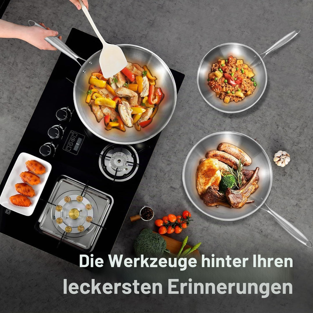 Inqibee Wokpfanne Edelstahl 28 cm mit Deckel, Unbeschichtete Wok Pfanne für Induktion &amp; Gasherd, Ede